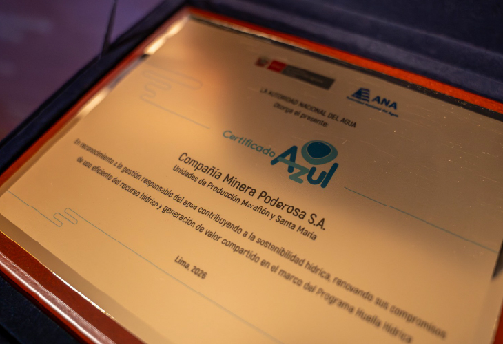 Minera Poderosa renueva Certificado Azul por el uso eficiente y sostenible del agua en sus operaciones